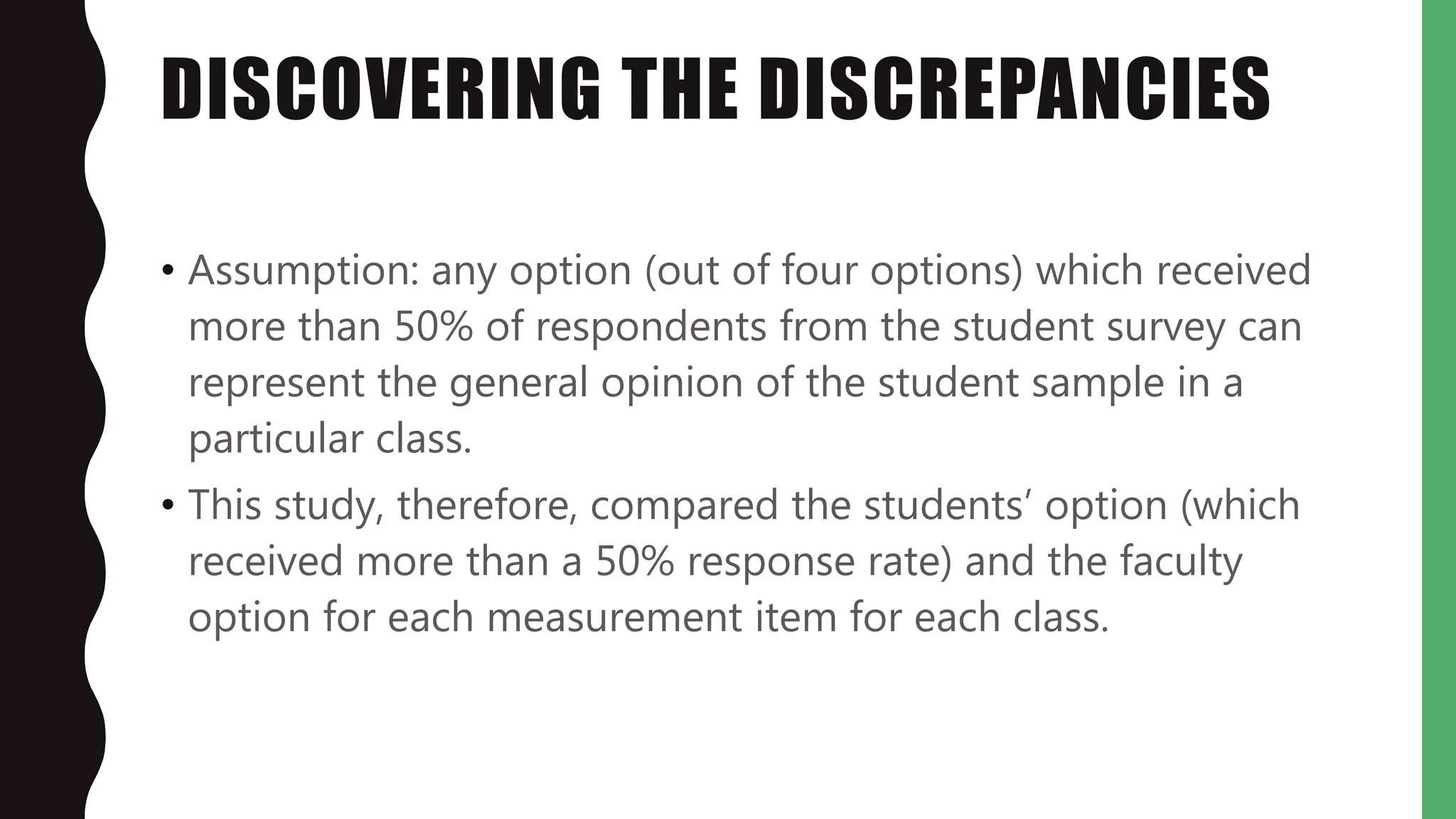 DISCOVERING THE DISCREPANCIES
• Assumption: any option (out of four options) which received
more than 50% of respondents from the student survey can
represent the general opinion of the student sample in a
particular class.
• This study, therefore, compared the students’ option (which
received more than a 50% response rate) and the faculty
option for each measurement item for each class.
 