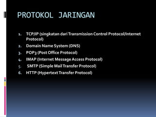 PROTOKOL JARINGAN
1. TCP/IP (singkatan dariTransmission Control Protocol/Internet
Protocol)
2. Domain Name System (DNS)
3. POP3 (Post Office Protocol)
4. IMAP (Internet MessageAccess Protocol)
5. SMTP (Simple MailTransfer Protocol)
6. HTTP (HypertextTransfer Protocol)
 