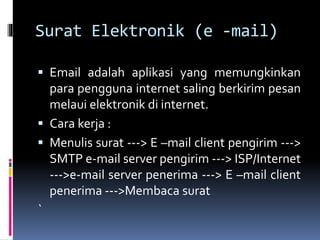 Surat Elektronik (e -mail)
 Email adalah aplikasi yang memungkinkan
para pengguna internet saling berkirim pesan
melaui elektronik di internet.
 Cara kerja :
 Menulis surat ---> E –mail client pengirim --->
SMTP e-mail server pengirim ---> ISP/Internet
--->e-mail server penerima ---> E –mail client
penerima --->Membaca surat
`
 