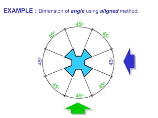 45
o
45
o
45o
45o
45o
45o
45o
45o
EXAMPLE : Dimension of angle using aligned method.
 