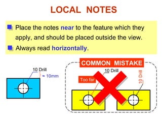 LOCAL NOTES
Place the notes near to the feature which they
apply, and should be placed outside the view.
Always read horizontally.
10 Drill
COMMON MISTAKE
10 Drill
≈ 10mm
10Drill
Too far
 