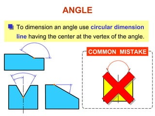 ANGLE
To dimension an angle use circular dimension
line having the center at the vertex of the angle.
COMMON MISTAKE
 