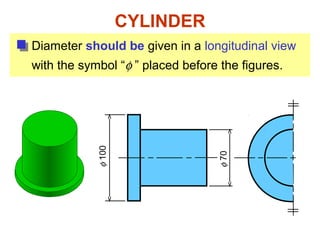 φ100
φ70
CYLINDER
Diameter should be given in a longitudinal view
with the symbol “φ ” placed before the figures.
 