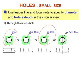 φ xx
Use leader line and local note to specify diameter
and hole’s depth in the circular view.
HOLES : SMALL SIZE
xx Drill, Thru.
1) Through thickness hole
φ xx Thru.
or
xx Drill.
or or
 