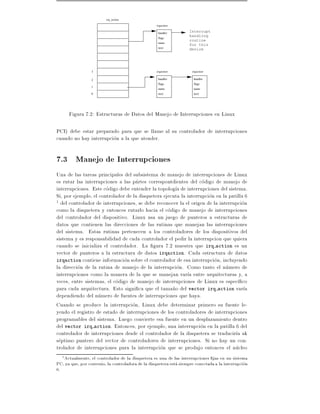 irq_action

                                                   irqaction

                                                    handler
                                                                    Interrupt
                                                    flags
                                                                    handling
                                                                    routine
                                                    name
                                                                    for this
                                                    next            device




                  3                                irqaction          irqaction

                  2                                 handler            handler
                                                    flags              flags
                  1
                                                    name               name
                  0                                 next               next




      Figura 7.2: Estructuras de Datos del Manejo de Interrupciones en Linux

PCI) debe estar preparado para que se llame al su controlador de interrupciones
cuando no hay interrupcion a la que atender.

7.3 Manejo de Interrupciones
Una de las tareas principales del subsistema de manejo de interrupciones de Linux
es rutar las interrupciones a las partes correspontdientes del codigo de manejo de
interrupciones. Este codigo debe entender la topolog a de interrupciones del sistema.
Si, por ejemplo, el controlador de la disquetera ejecuta la interrupcion en la patilla 6
1 del controlador de interrupciones, se debe reconocer la el origen de la interrupcion

como la disquetera y entonces rutarlo hacia el codigo de manejo de interrupciones
del controlador del dispositivo. Linux usa un juego de punteros a estructuras de
datos que contienen las direcciones de las rutinas que manejan las interrupciones
del sistema. Estas rutinas pertenecen a los controladores de los dispositivos del
sistema y es responsabilidad de cada controlador el pedir la interrupcion que quiera
cuando se inicializa el controlador. La gura 7.2 muestra que irq action es un
vector de punteros a la estructura de datos irqaction. Cada estructura de datos
irqaction contiene informacion sobre el controlador de esa interrupcion, incluyendo
la direccion de la rutina de manejo de la interrupcion. Como tanto el numero de
interrupciones como la manera de la que se manejan var a entre arquitecturas y, a
veces, entre sistemas, el codigo de manejo de interrupciones de Linux es espec co
para cada arquitectura. Esto signi ca que el tama~o del vector irq action var a
                                                     n
dependiendo del numero de fuentes de interrupciones que haya.
Cuando se produce la interrupcion, Linux debe determinar primero su fuente le-
yendo el registro de estado de interrupciones de los controladores de interrupciones
programables del sistema. Luego convierte esa fuente en un desplazamiento dentro
del vector irq action. Entonces, por ejemplo, una interrupcion en la patilla 6 del
controlador de interrupciones desde el controlador de la disquetera se traducir a ak
septimo puntero del vector de controladores de interrupciones. Si no hay un con-
trolador de interrupciones para la interrupcion que se produjo entonces el nucleo
   1 Actualmente, el controlador de la disquetera es una de las interrupciones jas en un sistema
PC, ya que, por convenio, la controladora de la disquetera esta siempre conectada a la interrupcion
6.
 