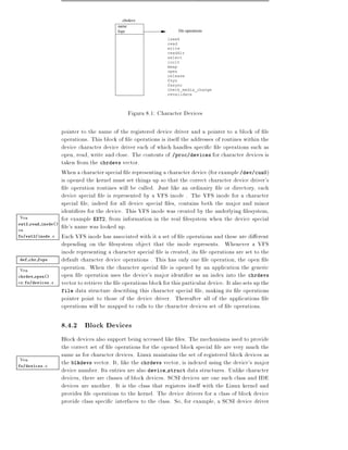 chrdevs
                                            name
                                            fops                      file operations
                                                                 lseek
                                                                 read
                                                                 write
                                                                 readdir
                                                                 select
                                                                 ioclt
                                                                 mmap
                                                                 open
                                                                 release
                                                                 fsyn
                                                                 fasync
                                                                 check_media_change
                                                                 revalidate



                                                 Figura 8.1: Character Devices

                    pointer to the name of the registered device driver and a pointer to a block of le
                    operations. This block of le operations is itself the addresses of routines within the
                    device character device driver each of which handles speci c le operations such as
                    open, read, write and close. The contents of /proc/devices for character devices is
                    taken from the chrdevs vector.
                    When a character special le representing a character device (for example /dev/cua0)
                    is opened the kernel must set things up so that the correct character device driver's
                      le operation routines will be called. Just like an ordinairy le or directory, each
                    device special le is represented by a VFS inode . The VFS inode for a character
                    special le, indeed for all device special les, contains both the major and minor
                    identi ers for the device. This VFS inode was created by the underlying lesystem,
Vea                 for example EXT2, from information in the real lesystem when the device special
ext2 read inode()
en                    le's name was looked up.
fs/ext2/inode.c     Each VFS inode has associated with it a set of le operations and these are di erent
                    depending on the lesystem object that the inode represents. Whenever a VFS
                    inode representing a character special le is created, its le operations are set to the
def chr fops        default character device operations . This has only one le operation, the open le
Vea                 operation. When the character special le is opened by an application the generic
chrdev open()       open le operation uses the device's major identi er as an index into the chrdevs
en fs/devices.c     vector to retrieve the le operations block for this particular device. It also sets up the
                    file data structure describing this character special le, making its le operations
                    pointer point to those of the device driver. Thereafter all of the applications le
                    operations will be mapped to calls to the character devices set of le operations.

                    8.4.2 Block Devices
                    Block devices also support being accessed like les. The mechanisms used to provide
                    the correct set of le operations for the opened block special le are very much the
                    same as for character devices. Linux maintains the set of registered block devices as
Vea                 the blkdevs vector. It, like the chrdevs vector, is indexed using the device's major
fs/devices.c
                    device number. Its entries are also device struct data structures. Unlike character
                    devices, there are classes of block devices. SCSI devices are one such class and IDE
                    devices are another. It is the class that registers itself with the Linux kernel and
                    provides le operations to the kernel. The device drivers for a class of block device
                    provide class speci c interfaces to the class. So, for example, a SCSI device driver
 