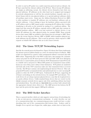In order to send an IP packet via a multi-connection protocol such as ethernet, the
IP layer must nd the ethernet address of the IP host. This is because IP addresses
are simply an addressing concept, the ethernet devices themselves have their own
physical addresses. IP addresses on the other hand can be assigned and reassigned
by network administrators at will but the network hardware responds only to et-
hernet frames with its own physical address or to special multicast addresses which
all machines must receive. Linux uses the Address Resolution Protocol (or ARP)
to allow machines to translate IP addresses into real hardware addresses such as
ethernet addresses. A host wishing to know the hardware address associated with
an IP address sends an ARP request packet containing the IP address that it wishes
translating to all nodes on the network by sending it to a multicast address. The
target host that owns the IP address, responds with an ARP reply that contains its
physical hardware address. ARP is not just restricted to ethernet devices, it can
resolve IP addresses for other physical media, for example FDDI. Those network
devices that cannot ARP are marked so that Linux does not attempt to ARP. There
is also the reverse function, Reverse ARP or RARP, which translates phsyical net-
work addresses into IP addresses. This is used by gateways, which respond to ARP
requests on behalf of IP addresses that are in the remote network.

10.2 The Linux TCP/IP Networking Layers
Just like the network protocols themselves, Figure 10.2 shows that Linux implements
the internet protocol address family as a series of connected layers of software. BSD
sockets are supported by a generic socket management software concerned only with
BSD sockets. Supporting this is the INET socket layer, this manages the communi-
cation end points for the IP based protocols TCP and UDP. UDP (User Datagram
Protocol) is a connectionless protocol whereas TCP (Transmission Control Protocol)
is a reliable end to end protocol. When UDP packets are transmitted, Linux neither
knows nor cares if they arrive safely at their destination. TCP packets are numbered
and both ends of the TCP connection make sure that transmitted data is received
correctly. The IP layer contains code implementing the Internet Protocol. This code
prepends IP headers to transmitted data and understands how to route incoming IP
packets to either the TCP or UDP layers. Underneath the IP layer, supporting all
of Linux's networking are the network devices, for example PPP and ethernet. Net-
work devices do not always represent physical devices some like the loopback device
are purely software devices. Unlike standard Linux devices that are created via the
mknod command, network devices appear only if the underlying software has found
and initialized them. You will only see /dev/eth0 when you have built a kernel with
the appropriate ethernet device driver in it. The ARP protocol sits between the IP
layer and the protocols that support ARPing for addresses.

10.3 The BSD Socket Interface
This is a general interface which not only supports various forms of networking but
is also an inter-process communications mechanism. A socket describes one end
of a communications link, two communicating processes would each have a socket
describing their end of the communication link between them. Sockets could be
thought of as a special case of pipes but, unlike pipes, sockets have no limit on the
 