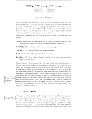 task queue       tq_struct           tq_struct
                                                 next                next
                                                 sync                sync
                                                 *routine()          *routine()

                                                 *data               *data




                                                 Figura 11.2: A Task Queue

                   as the scheduler deems reasonable. These indices are statically de ned the timer
                   bottom half handler is the highest priority (index 0), the console bottom half handler
                   is next in priority (index 1) and so on. Typically the bottom half handling routines
                   have lists of tasks associated with them. For example, the immediate bottom half
                   handler works its way through the immediate tasks queue (tq immediate) which
                   contains tasks that need to be performed immediately.
                   Some of the kernel's bottom half handers are device speci c, but others are more
                   generic:
                   TIMER This handler is marked as active each time the system's periodic timer
                        interrupts and is used to drive the kernel's timer queue mechanisms,
                   CONSOLE This handler is used to process console messages,
                   TQUEUE This handler is used to process tty messages,
                   NET This handler handles general network processing,
                   IMMEDIATE This is a generic handler used by several device drivers to queue
                        work to be done later.
                   Whenever a device driver, or some other part of the kernel, needs to schedule work to
                   be done later, it adds work to the appropriate system queue, for example the timer
                   queue, and then signals the kernel that some bottom half handling needs to be done.
                   It does this by setting the appropriate bit in bh active. Bit 8 is set if the driver
                   has queued something on the immediate queue and wishes the immediate bottom
                   half handler to run and process it. The bh active bitmask is checked at the end of
                   each system call, just before control is returned to the calling process. If it has any
Vea                bits set, the bottom half handler routines that are active are called. Bit 0 is checked
do bottom half()
en kernel/-          rst, then 1 and so on until bit 31. The bit in bh active is cleared as each bottom
softirq.c          half handling routine is called. bh active is transient it only has meaning between
                   calls to the scheduler and is a way of not calling bottom half handling routines when
                   there is no work for them to do.

                   11.2 Task Queues
                   Task queues are the kernel's way of deferring work until later. Linux has a generic
Vea include/-      mechanism for queuing work on queues and for processing them later. Task queues
linux/tqueue.h
                   are often used in conjunction with bottom half handlers the timer task queue is
                   processed when the timer queue bottom half handler runs. A task queue is a simple
                   data structure, see gure 11.2 which consists of a singly linked list of tq struct data
                   structures each of which contains the address of a routine and a pointer to some data.
 