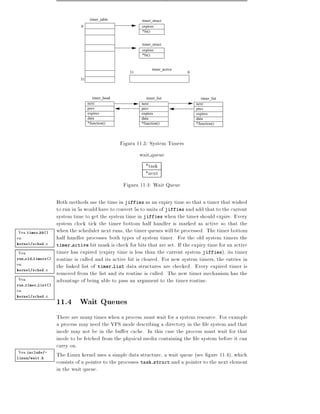 timer_table             timer_struct
                              0                            expires
                                                           *fn()


                                                           timer_struct
                                                           expires
                                                           *fn()


                                                                 timer_active
                                                     31                         0
                             31



                                     timer_head              timer_list                timer_list
                                  next                    next                      next
                                  prev                    prev                      prev
                                  expires                 expires                   expires
                                  data                    data                      data
                                  *function()             *function()               *function()




                                                  Figura 11.3: System Timers
                                                          wait queue
                                                            *task
                                                            *next
                                                   Figura 11.4: Wait Queue

                   Both methods use the time in jiffies as an expiry time so that a timer that wished
                   to run in 5s would have to convert 5s to units of jiffies and add that to the current
                   system time to get the system time in jiffies when the timer should expire. Every
                   system clock tick the timer bottom half handler is marked as active so that the
 Vea timer bh()    when the scheduler next runs, the timer queues will be processed. The timer bottom
en                 half handler processes both types of system timer. For the old system timers the
kernel/sched.c     timer active bit mask is check for bits that are set. If the expiry time for an active
Vea                timer has expired (expiry time is less than the current system jiffies), its timer
run old timers()   routine is called and its active bit is cleared. For new system timers, the entries in
en                 the linked list of timer list data structures are checked. Every expired timer is
kernel/sched.c
                   removed from the list and its routine is called. The new timer mechanism has the
Vea                advantage of being able to pass an argument to the timer routine.
run timer list()
en
                   11.4 Wait Queues
kernel/sched.c




                   There are many times when a process must wait for a system resource. For example
                   a process may need the VFS inode describing a directory in the le system and that
                   inode may not be in the bu er cache. In this case the process must wait for that
                   inode to be fetched from the physical media containing the le system before it can
                   carry on.
Vea include/-      The Linux kernel uses a simple data structure, a wait queue (see gure 11.4), which
linux/wait.h
                   consists of a pointer to the processes task struct and a pointer to the next element
                   in the wait queue.
 