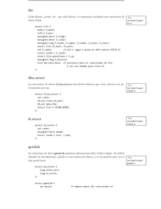 le
Cada chero, socket, etc. que esta abierto, se representa mediante una estructura de Vea
datos file.                                                                         include/linux/
                                                                                       fs.h
      struct file {
          mode_t f_mode
          loff_t f_pos
          unsigned short f_flags
          unsigned short f_count
          unsigned long f_reada, f_ramax, f_raend, f_ralen, f_rawin
          struct file *f_next, *f_prev
          int f_owner            /* pid o -pgrp a quien se debe enviar SIGIO */
          struct inode * f_inode
          struct file_operations * f_op
          unsigned long f_version
          void *private_data     /* necesario para el controlador de tty,
                                    y tal vez ademas para otros */
      }



 les struct
La estructura de datos files struct describelos cheros que tiene abiertos un de- Vea
terminado proceso.                                                               include/linux/
                                                                                       sched.h
      struct files_struct {
          int count
          fd_set close_on_exec
          fd_set open_fds
          struct file * fd NR_OPEN]
      }



fs struct                                                                               Vea
                                                                                       include/linux/
                                                                                       sched.h
      struct fs_struct {
          int count
          unsigned short umask
          struct inode * root, * pwd
      }



gendisk
La estructura de datos gendisk mantiene informacion sobre el disco r gido. Se utiliza
durante la inicializacion, cuando se encuentran los discos, y se los prueba para ver si Vea
hay particiones.                                                                        include/linux/
                                                                                       genhd.h
      struct hd_struct {
           long start_sect
           long nr_sects
      }


      struct gendisk {
           int major                   /* numero mayor del controlador */
 