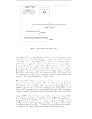 power         power

             parallel port
                                           CPU
           COM1         COM2




                                              Memory SIMM Slots



                                       PCI Slots




                                                      ISA Slots




                       Figura 1.1: Una placa madre de PC t pica.



tiempo hasta que los clones del IBM PC comenzaron a ser producidos por una hueste
de compa~ as como por ejemplo Compaq, y la arquitectura del PC se convirtio en
          n
un estandar de hecho. Este estandar de hecho ayudo a una multitud de empresas
de hardware a competir entre ellas en un mercado creciente que, para alegr a de
los consumidores, mantuvo los precios bajos. Muchas de las caracter sticas arqui-
tectonicas del sistema de aquellos primitivos PCs se han mantenido hasta llegar al
PC moderno. Por ejemplo, incluso el mas poderoso sistema basado en el Pentium
Pro de Intel arranca en el modo de direccionamiento del Intel 8086. Cuando Linus
Torvalds comenzo a escribir lo que se convertir a en Linux, escogio el hardware mas
completo y de precio mas razonable, un PC Intel 80386.

Mirando un PC desde fuera, los componentes mas obvios son una caja de sistema,
un teclado, un raton y un monitor de v deo. En el frente de la caja del sistema
hay algunos botones, un peque~o indicador que muestra algunos numeros y una
                                 n
disquetera. La mayor a de los sistemas actualmente tienen un CD ROM, y si uno
siente que debe proteger sus datos, entonces habra tambien una unidad de cinta para
copias de seguridad. Esos dispositivos se conocen de modo colectivo como perifericos.

Aunque la CPU controla todo el sistema, no es el unico dispositivo inteligente. Todos
los controladores de perifericos, por ejemplo el controlador IDE, tienen algun nivel de
inteligencia. Dentro del PC (Figura 1.1) se puede ver una placa madre que contienen
la CPU o microprocesador, la memoria y un numero de conectores (slots) para los
controladores de perifericos ISA o PCI. Algunos de los controladores, por ejemplo el
controlador de disco IDE, pueden estar integrados en la placa del sistema.
 