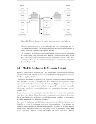Process X                                                          Process Y


      VPFN 7                                                             VPFN 7



      VPFN 6          Process X                        Process Y         VPFN 6
                      Page Tables                      Page Tables

      VPFN 5                                                             VPFN 5


      VPFN 4                              PFN 4                          VPFN 4


      VPFN 3                              PFN 3                          VPFN 3


      VPFN 2                              PFN 2                          VPFN 2


      VPFN 1                              PFN 1                          VPFN 1


      VPFN 0                              PFN 0                          VPFN 0


  VIRTUAL MEMORY                     PHYSICAL MEMORY                 VIRTUAL MEMORY




      Figura 3.1: Modelo abstracto de traduccion de memoria virtual a f sica.

      solo tener una sola copia en memoria f sica y que todos los procesos que eje-
      cuten bash la compartan. Las bibliotecas dinamicas son otro ejemplo t pico de
      codigo ejecutable compartido por varios procesos.
      Por otra parte, la memoria compartida se puede utilizar como un mecanismo
      de comunicacion entre procesos (Inter Process Communication IPC), donde
      dos o mas procesos intercambian informacion v a memoria comun a todos ellos.
      Linux ofrece el sistema de comunicacion entre procesos de memoria compartida
      de Unix TM System V.

3.1 Modelo Abstracto de Memoria Virtual
Antes de considerar los metodos que Linux utiliza para implementar la memoria
virtual, es interesante estudiar un modelo abstracto que no este plagado de peque~os
                                                                                 n
detalles de implementacion.
Conforme el procesador va ejecutando un programa lee instrucciones de la memoria
y las decodi ca. Durante la decodi cacion de la instruccion puede necesitar cargar
o guardar el contenido de una posicion de memoria. El procesador ejecuta la ins-
truccion y pasa a la siguiente instruccion del programa. De esta forma el procesador
esta siempre accediendo a memoria tanto para leer instrucciones como para cargar o
guardar datos.
En un sistema con memoria virtual, todas estas direcciones son direcciones virtuales
y no direcciones f sicas. Estas direcciones virtuales son convertidas en direcciones
f sicas por el procesador utilizando para ello informacion guardada en un conjunto
de tablas mantenidas por el sistema operativo.
Para hacer la traduccion mas facil, tanto la memoria virtual como la f sica estan
divididas en trozos de un tama~o manejable llamados paginas. Estas paginas son
                                  n
todas del mismo tama~o, en principio no necesitar an serlo pero de no serlo la admi-
                        n
nistracion del sistema se complicar a much simo. Linux en un sistema Alpha AXP
utiliza paginas de 8 Kbytes, y en un sistema Intel x86 utiliza paginas de 4 Kbytes.
 