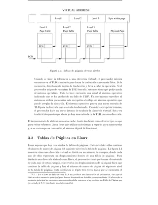 VIRTUAL ADDRESS

                            Level 1                Level 2         Level 3          Byte within page


            Level 1                   Level 2                 Level 3
            Page Table                Page Table              Page Table               Physical Page




           PFN                        PFN                     PFN



PGD




                      Figura 3.3: Tablas de paginas de tras niveles

      Cuando se hace la referencia a una direccion virtual, el procesador intenta
      encontrar en el TLB la entrada para hacer la traduccion a memoria f sica. Si la
      encuentra, directamente realiza la traduccion y lleva a cabo la operacion. Si el
      procesador no puede encontrar la TPE buscada, entonces tiene que pedir ayuda
      al sistema operativo. Esto lo hace enviando una se~al al sistema operativo
                                                               n
      indicando que se ha producido un fallo de TLB      1 . Un mecanismo espec co al

      sistema se utiliza para enviar esta excepcion al codigo del sistema operativo que
      puede arreglar la situacion. El sistema operativo genera una nueva entrada de
      TLB para la direccion que se estaba traduciendo. Cuando la excepcion termina,
      el procesador hace un nuevo intento de traducir la direccion virtual. Esta vez
      tendra exito puesto que ahora ya hay una entrada en la TLB para esa direccion.
El inconveniente de utilizar memorias cache, tanto hardware como de otro tipo, es que
para evitar esfuerzos Linux tiene que utilizar mas tiempo y espacio para mantenerlas
y, si se corrompe su contenido, el sistema dejara de funcionar.

3.3 Tablas de Paginas en Linux
Linux supone que hay tres niveles de tablas de paginas. Cada nivel de tablas contiene
el numero de marco de pagina del siguiente nivel en la tabla de paginas. La gura 3.3
muestra como una direccion virtual se divide en un numero de campos, donde cada
uno de ellos representa un desplazamiento dentro de una tabla de paginas. Para
traducir una direccion virtual a una f sica, el procesador tiene que tomar el contenido
de cada uno de estos campos, convertirlos en desplazamientos de la pagina f sica que
contiene la tabla de paginas y leer el numero de marco de pagina del siguiente nivel
de la tabla de paginas. Esta operacion se repite tres veces hasta que se encuentra el
   1 N.T.: En el i386 un fallo de una TLB no produce una invocacion al procesador, sino que el
i386 accede a memoria principal para buscar la entrada en la tabla correspondiente. Si al acceder a
memoria principal no encuentra una entrada valida, entonces s se produce un Fallo de Pagina que
es enviado al S.O. (mediante una interrupcion).
 