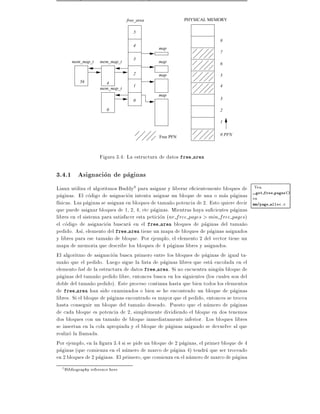 free_area              PHYSICAL MEMORY

                                       5
                                                                       8
                                       4
                                                map
                                                                       7


                  11 11
                  00 00
                                       3
         mem_map_t      mem_map_t               map                    6



             56
                  11 11
                  00 00   4
                                       2

                                       1
                                                map                    5

                                                                       4
                        mem_map_t

                     11
                     00
                     11
                     00                0
                                                map
                                                                       3

                           0                                           2
                                                                           1
                                                                           0
                                                                           1
                                                                           0
                                                                           1
                                                                           0
                                                                       1

                                                                       0 PFN
                                                Free PFN



                       Figura 3.4: La estructura de datos free area

3.4.1 Asignacion de paginas
Linux utiliza el algoritmos Buddy3 para asignar y liberar e cientemente bloques de Vea
paginas. El codigo de asignacion intenta asignar un bloque de una o mas paginas en free pages()
                                                                                       get

f sicas. Las paginas se asignan en bloques de tama~o potencia de 2. Esto quiere decir mm/page alloc.c
                                                    n
que puede asignar bloques de 1, 2, 4, etc paginas. Mientras haya su cientes paginas
libres en el sistema para satisfacer esta peticion (nr free pages > min free pages)
el codigo de asignacion buscara en el free area bloques de paginas del tama~o      n
pedido. As , elemento del free area tiene un mapa de bloques de paginas asignados
y libres para ese tama~o de bloque. Por ejemplo, el elemento 2 del vector tiene un
                        n
mapa de memoria que describe los bloques de 4 paginas libres y asignados.
El algoritmo de asignacion busca primero entre los bloques de paginas de igual ta-
ma~o que el pedido. Luego sigue la lista de paginas libres que esta encolada en el
    n
elemento list de la estructura de datos free area. Si no encuentra ningun bloque de
paginas del tama~o pedido libre, entonces busca en los siguientes (los cuales son del
                   n
doble del tama~o pedido). Este proceso continua hasta que bien todos los elementos
                 n
de free area han sido examinados o bien se he encontrado un bloque de paginas
libres. Si el bloque de paginas encontrado es mayor que el pedido, entonces se trocea
hasta conseguir un bloque del tama~o deseado. Puesto que el numero de paginas
                                       n
de cada bloque es potencia de 2, simplemente dividiendo el bloque en dos tenemos
dos bloques con un tama~o de bloque inmediatamente inferior. Los bloques libres
                            n
se insertan en la cola apropiada y el bloque de paginas asignado se devuelve al que
realizo la llamada.
Por ejemplo, en la gura 3.4 si se pide un bloque de 2 paginas, el primer bloque de 4
paginas (que comienza en el numero de marco de pagina 4) tendra que ser troceado
en 2 bloques de 2 paginas. El primero, que comienza en el numero de marco de pagina
  3   Bibliography reference here
 