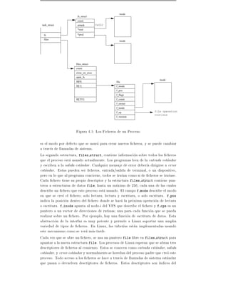 inode
                       fs_struct
                       count
 task_struct           umask          0x022
                       *root

  fs                   *pwd
  files
                                                  inode




                      files_struct
                      count
                      close_on_exec
                      open_fs
                                                                          inode
                      fd[0]                    file
                      fd[1]                    f_mode
                                               f_pos
                                               f_flags
                      fd[255]                  f_count
                                               f_owner
                                               f_inode
                                               f_op                    file operation
                                                                       routines
                                               f_version




                      Figura 4.1: Los Ficheros de un Proceso

es el modo por defecto que se usara para crear nuevos cheros, y se puede cambiar
a traves de llamadas de sistema.
La segunda estructura, files struct, contiene informacion sobre todos los cheros
que el proceso esta usando actualmente. Los programas leen de la entrada estandar
y escriben a la salida estandar. Cualquier mensaje de error deber a dirigirse a error
estandar. Estas pueden ser cheros, entrada/salida de terminal, o un dispositivo,
pero en lo que al programa concierne, todos se tratan como si de cheros se tratase.
Cada chero tiene su propio descriptor y la estructura files struct contiene pun-
teros a estructuras de datos file, hasta un maximo de 256, cada una de las cuales
describe un chero que este proceso esta usando. El campo f mode describe el modo
en que se creo el chero solo lectura, lectura y escritura, o solo escritura. f pos
indica la posicion dentro del chero donde se hara la proxima operacion de lectura
o escritura. f inode apunta al nodo-i del VFS que describe el chero y f ops es un
puntero a un vector de direcciones de rutinas una para cada funcion que se pueda
realizar sobre un chero. Por ejemplo, hay una funcion de escritura de datos. Esta
abstraccion de la interfaz es muy potente y permite a Linux soportar una amplia
variedad de tipos de cheros. En Linux, las tuber as estan implementadas usando
este mecanismo como se vera mas tarde.
Cada vez que se abre un chero, se usa un puntero file libre en files struct para
apuntar a la nueva estructura file. Los procesos de Linux esperan que se abran tres
descriptores de cheros al comienzo. Estos se conocen como entrada estandar, salida
estandar, y error estandar y normalmente se heredan del proceso padre que creo este
proceso. Todo acceso a los cheros se hace a traves de llamadas de sistema estandar
que pasan o devuelven descriptores de cheros. Estos descriptores son ndices del
 