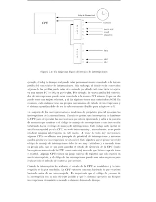Reloj de Tiempo Real

                                                     0
             CPU                                     1                 Keyboard
                                                     2
                                            P
                                            I        4                 puerto serie
                                            C
                                                     5                 sound
                                            1
                                                     6                 disquetera
                                                     7

                                                     0

                                            P
                                                     3                 SCSI
                                            I
                                            C
                                            2
                                                     6                 ide0
                                                     7                 ide1




           Figura 7.1: Un diagrama logico del rutado de interrupciones

ejemplo, el reloj de tiempo real puede estar permanentemente conectado a la tercera
patilla del controlador de interrupciones. Sin embargo, el donde estan conectadas
algunas de las patillas puede estar determinado por donde este conectada la tarjeta,
en una ranura PCI o ISA en particular. Por ejemplo, la cuarta patilla del controla-
dor de interrupciones puede estar conectada a la ranura PCI numero 0 que un dia
puede tener una tarjeta ethernet, y al dia siguiente tener una controladora SCSI. En
resumen, cada sistema tiene sus propios mecanismos de rutado de interrupciones y
el sistema operativo debe de ser lo su cientemente exible para adaptarse a el.
La mayor a de los microprocesadores modernos de proposito general manejan las
interrupciones de la misma forma. Cuando se genera una interrupcion de hardware
la CPU para de ejecutar las instrucciones que estaba ejecutando y salta a la posicion
de memoria que contiene o el codigo de manejo de interrupciones o una instruccion
bifurcando hacia el codigo de manejo de interrupciones- Este codigo suele operar de
una forma especial para la CPU, en modo interrupcion y , normalmente, no se puede
producir ninguna interrupcion en este modo. A pesar de todo hay excepciones
algunas CPUs establecen una jerarqu a de prioridad de interrupciones y entonces
pueden producirse interrupciones de alto nivel. Esto signi ca que el primer nivel del
codigo de manejo de interrupciones debe de ser muy cuidadoso y a menudo tiene
su propia pila, que se usa para guardar el estado de ejecucion de la CPU (tanto
los registros normales de la CPU como contexto) antes de que la interrupcion tome
el control. Algunas CPUs tienen un juego especial de registros que solo existen en
modo interrupcion, y el codigo de las interrupciones puede usar estos registros para
realizar todo el salvado de contexto que necesite.
Cuando la interrupcion ha acabado, el estado de la CPU se reestablece y la inte-
rrupcion se da por concluida. La CPU entonces continua haciendo lo que estuviera
haciendo antes de ser interrumpida. Es importante que el codigo de proceso de
la interrupcion sea lo mas e ciente posible y que el sistema operativo no bloquee
interrupciones demasiado a menudo o durante demasiado tiempo.
 