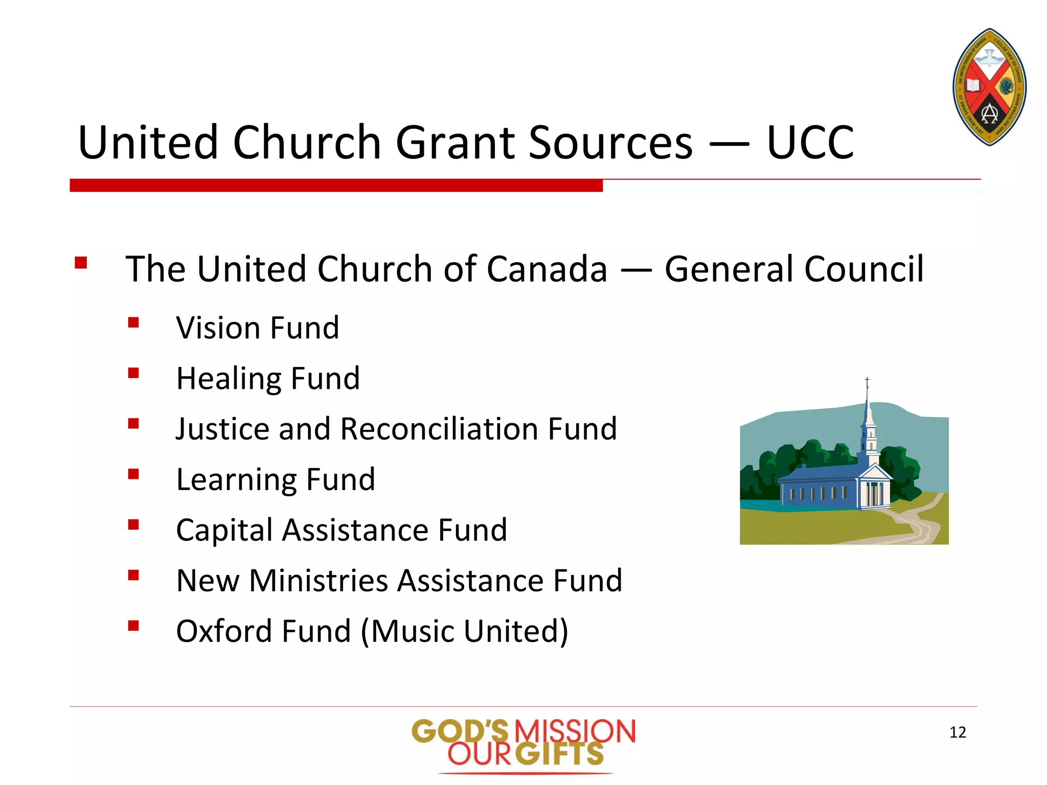 United Church Grant Sources — UCC
 The United Church of Canada — General Council
 Vision Fund
 Healing Fund
 Justice and Reconciliation Fund
 Learning Fund
 Capital Assistance Fund
 New Ministries Assistance Fund
 Oxford Fund (Music United)
12
 
