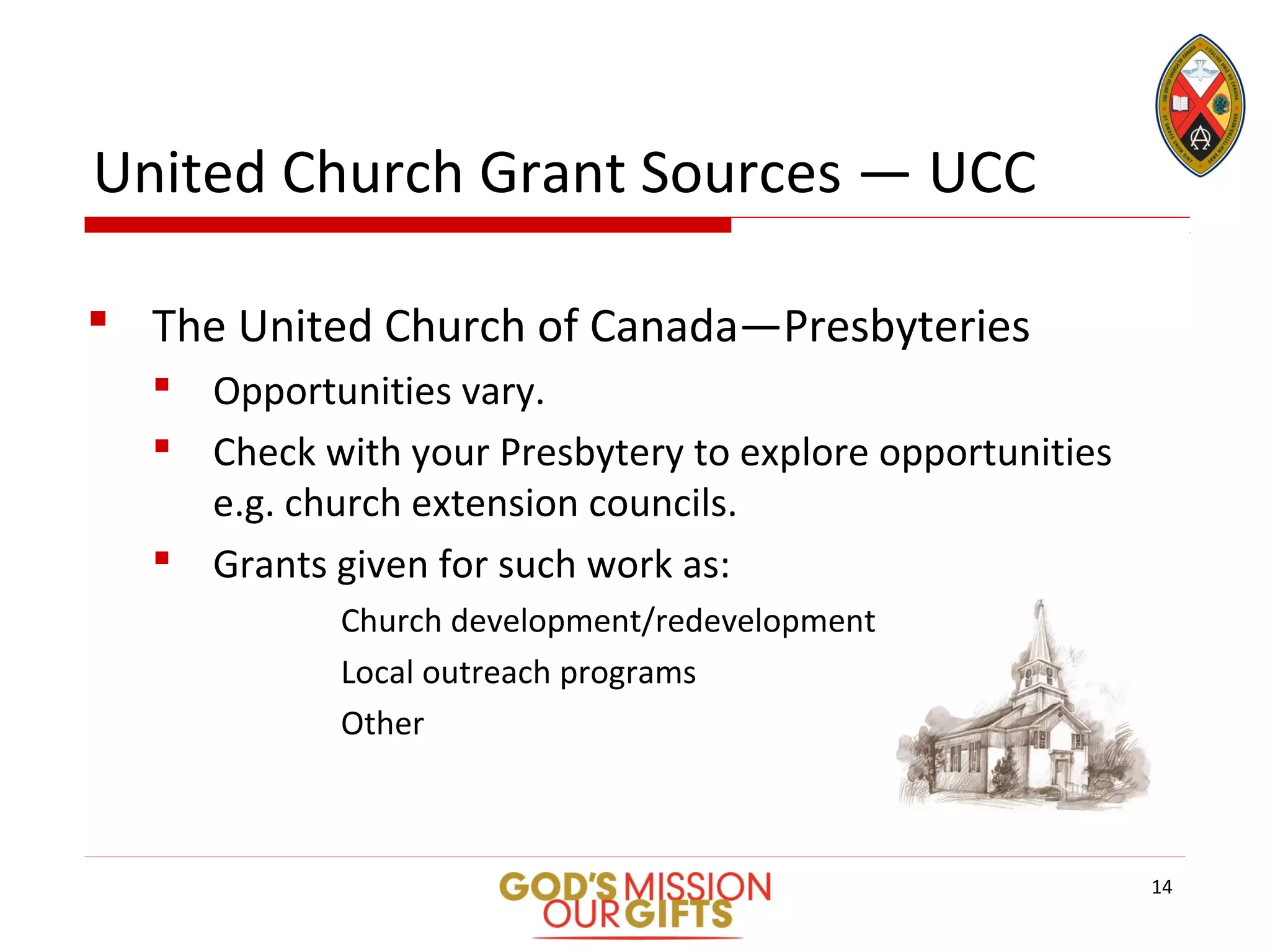 United Church Grant Sources — UCC
 The United Church of Canada—Presbyteries
 Opportunities vary.
 Check with your Presbytery to explore opportunities
e.g. church extension councils.
 Grants given for such work as:
Church development/redevelopment
Local outreach programs
Other
14
 