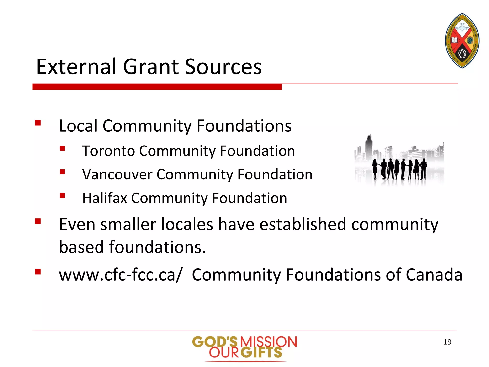 External Grant Sources
 Local Community Foundations
 Toronto Community Foundation
 Vancouver Community Foundation
 Halifax Community Foundation
 Even smaller locales have established community
based foundations.
 www.cfc-fcc.ca/ Community Foundations of Canada
19
 