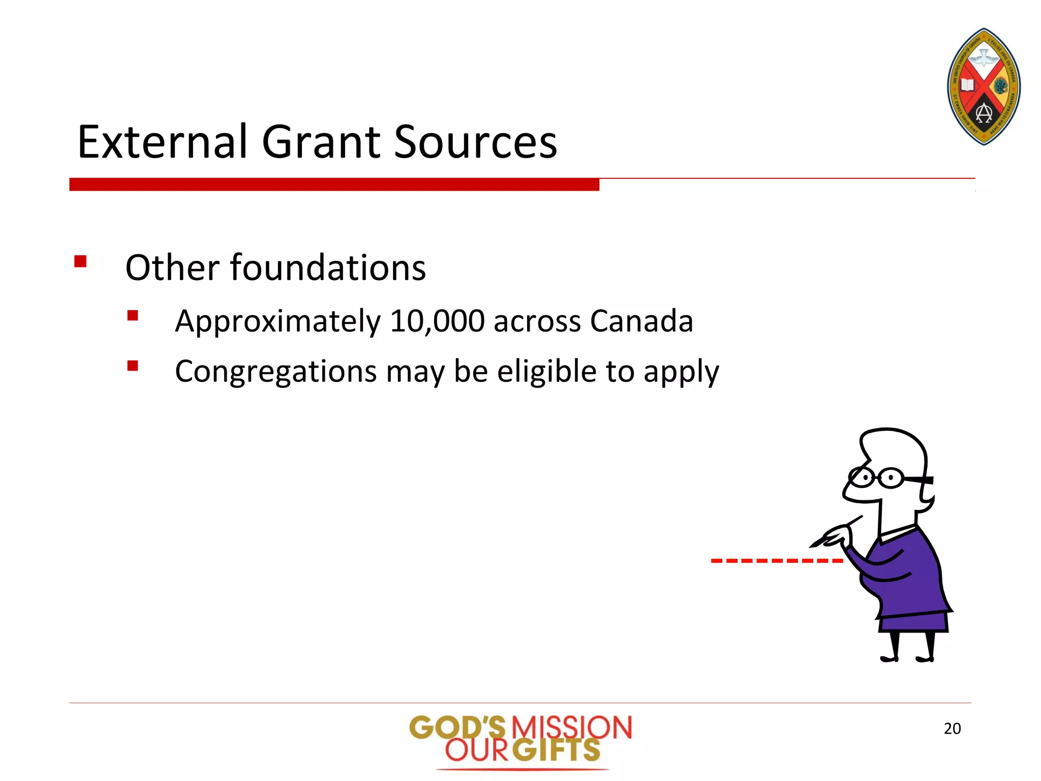 External Grant Sources
 Other foundations
 Approximately 10,000 across Canada
 Congregations may be eligible to apply
20
 