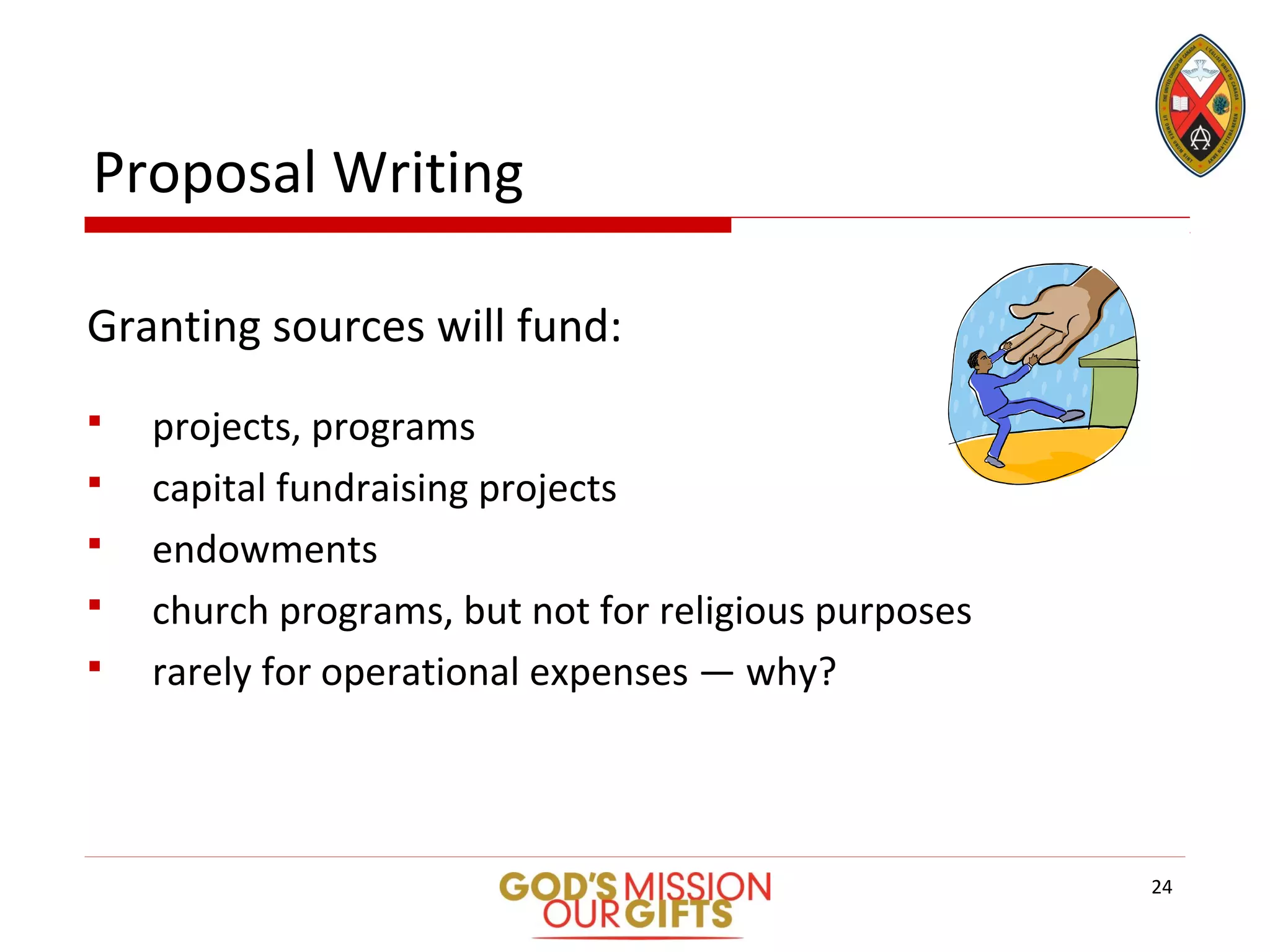 Proposal Writing
Granting sources will fund:
 projects, programs
 capital fundraising projects
 endowments
 church programs, but not for religious purposes
 rarely for operational expenses — why?
24
 