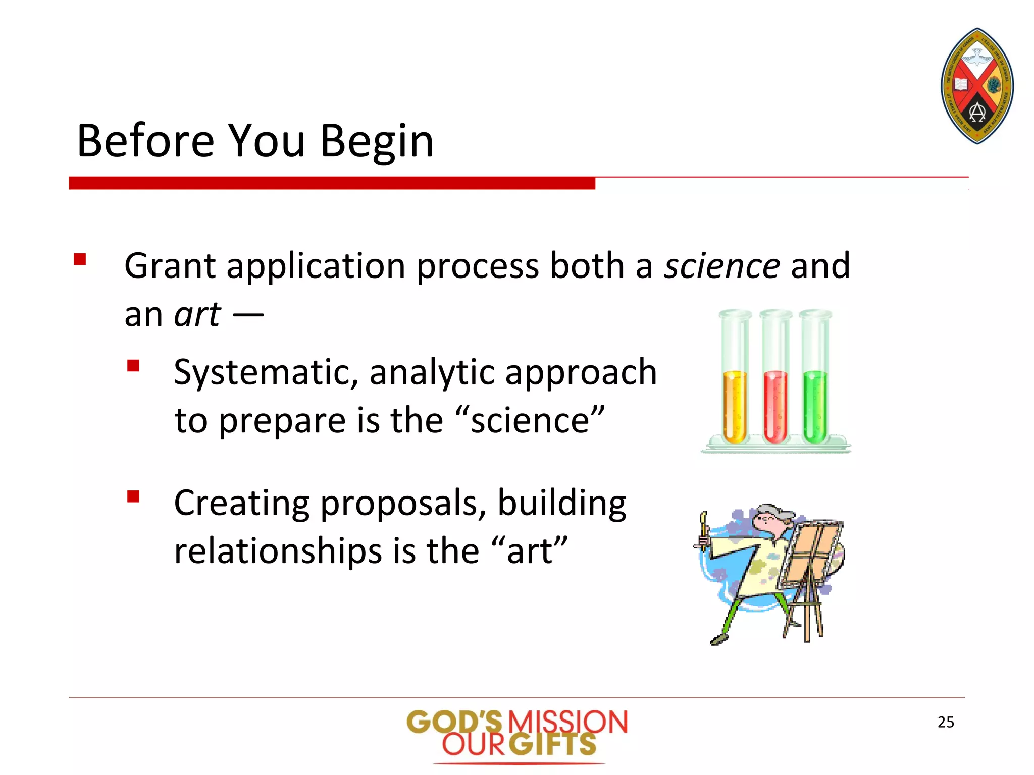 Before You Begin
 Grant application process both a science and
an art —
 Systematic, analytic approach
to prepare is the “science”
 Creating proposals, building
relationships is the “art”
25
 
