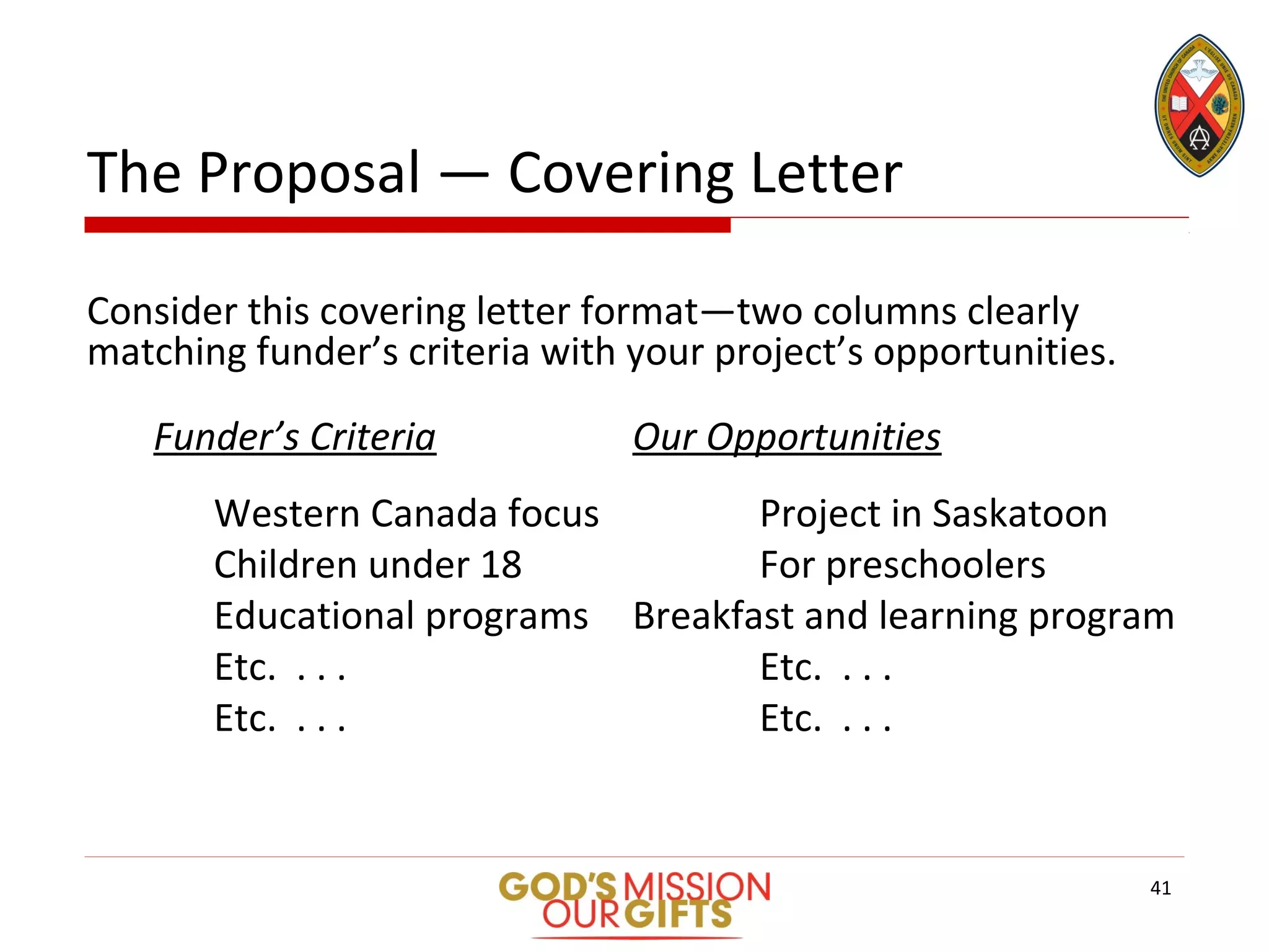 The Proposal — Covering Letter
Consider this covering letter format—two columns clearly
matching funder’s criteria with your project’s opportunities.
Funder’s Criteria Our Opportunities
Western Canada focus Project in Saskatoon
Children under 18 For preschoolers
Educational programs Breakfast and learning program
Etc. . . . Etc. . . .
Etc. . . . Etc. . . .
41
 