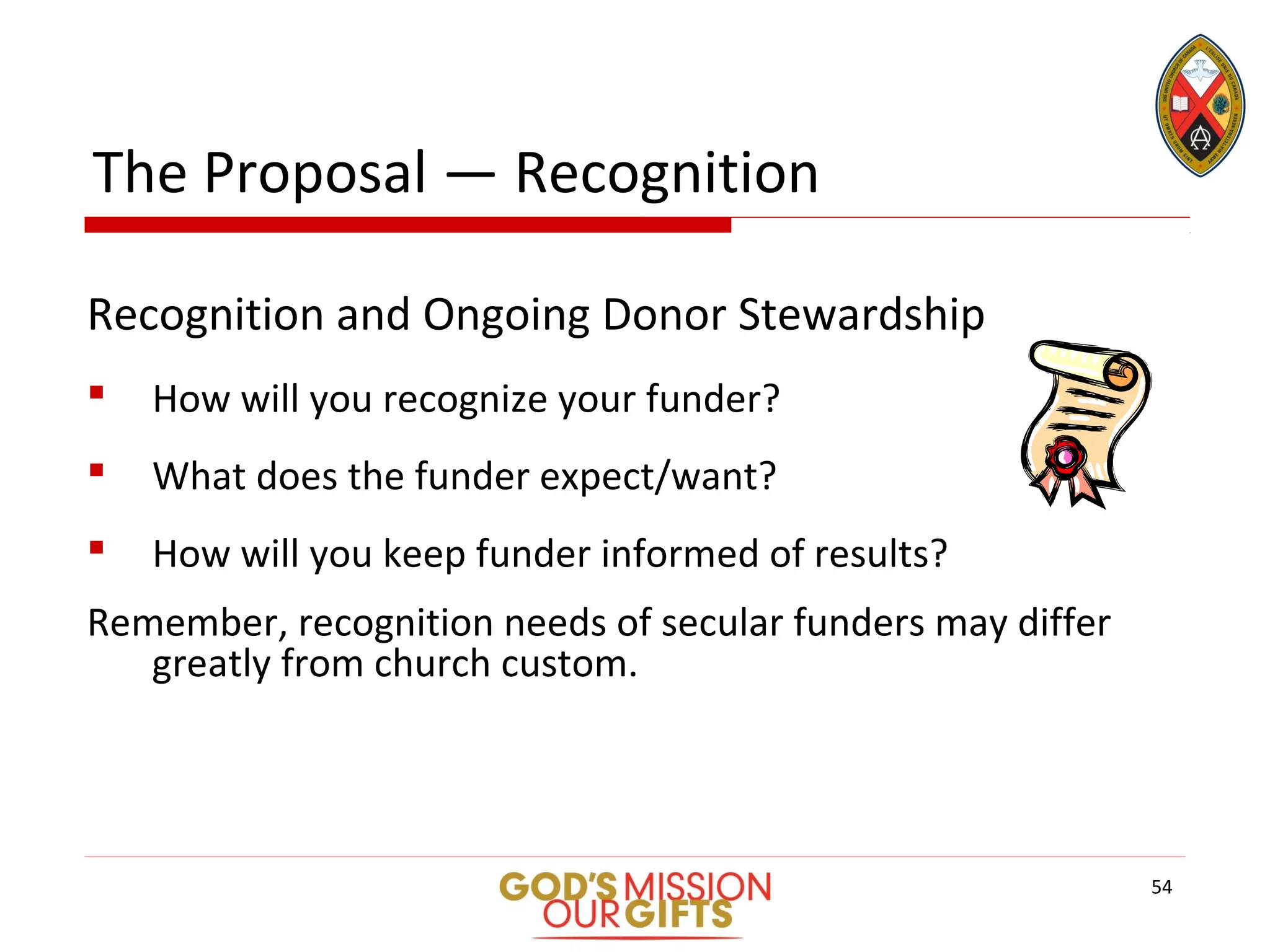 The Proposal — Recognition
Recognition and Ongoing Donor Stewardship
 How will you recognize your funder?
 What does the funder expect/want?
 How will you keep funder informed of results?
Remember, recognition needs of secular funders may differ
greatly from church custom.
54
 