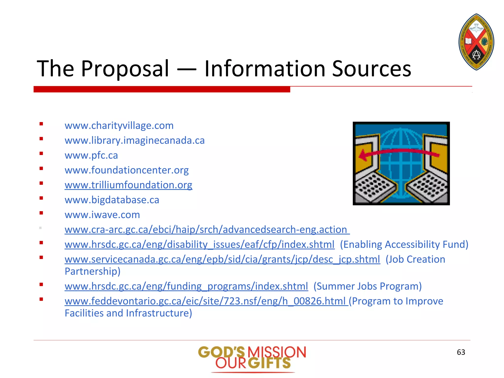 The Proposal — Information Sources
 www.charityvillage.com
 www.library.imaginecanada.ca
 www.pfc.ca
 www.foundationcenter.org
 www.trilliumfoundation.org
 www.bigdatabase.ca
 www.iwave.com
 www.cra-arc.gc.ca/ebci/haip/srch/advancedsearch-eng.action
 www.hrsdc.gc.ca/eng/disability_issues/eaf/cfp/index.shtml (Enabling Accessibility Fund)
 www.servicecanada.gc.ca/eng/epb/sid/cia/grants/jcp/desc_jcp.shtml (Job Creation
Partnership)
 www.hrsdc.gc.ca/eng/funding_programs/index.shtml (Summer Jobs Program)
 www.feddevontario.gc.ca/eic/site/723.nsf/eng/h_00826.html (Program to Improve
Facilities and Infrastructure)
63
 