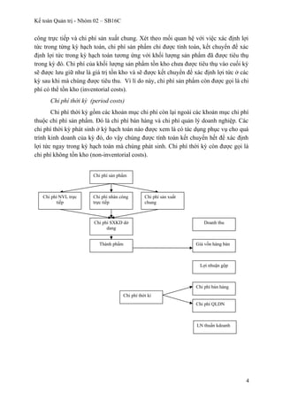 Kế toán Quản trị - Nhóm 02 – SB16C
công trực tiếp và chi phí sản xuất chung. Xét theo mối quan hệ với việc xác định lợi
tức trong từng kỳ hạch toán, chi phí sản phẩm chỉ được tính toán, kết chuyển để xác
định lợi tức trong kỳ hạch toán tương ứng với khối lượng sản phẩm đã được tiêu thụ
trong kỳ đó. Chi phí của khối lượng sản phẩm tồn kho chưa được tiêu thụ vào cuối kỳ
sẽ được lưu giữ như là giá trị tồn kho và sẽ được kết chuyển để xác định lợi tức ở các
kỳ sau khi mà chúng được tiêu thu. Vì lí do này, chi phí sản phẩm còn được gọi là chi
phí có thể tồn kho (inventorial costs).
Chi phí thời kỳ (period costs)
Chi phí thời kỳ gồm các khoản mục chi phí còn lại ngoài các khoản mục chi phí
thuộc chi phí sản phẩm. Đó là chi phí bán hàng và chi phí quản lý doanh nghiệp. Các
chi phí thời kỳ phát sinh ở kỳ hạch toán nào được xem là có tác dụng phục vụ cho quá
trình kinh doanh của kỳ đó, do vậy chúng được tính toán kết chuyển hết để xác định
lợi tức ngay trong kỳ hạch toán mà chúng phát sinh. Chi phí thời kỳ còn được gọi là
chi phí không tồn kho (non-inventorial costs).
4
Chi phí sản phẩm
Chi phí SXKD dở
dang
Chi phí NVL trực
tiếp
Chi phí nhân công
trực tiếp
Chi phí sản xuất
chung
Thành phẩm
Doanh thu
Giá vốn hàng bán
Lợi nhuận gộp
Chi phí bán hàng
Chi phí QLDN
Chi phí thời kì
LN thuần kdoanh
 