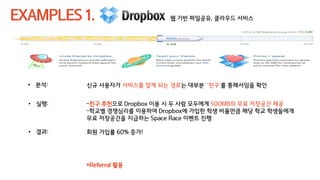 EXAMPLES 1. 웹 기반 파일공유, 클라우드 서비스
• 분석: 신규 사용자가 서비스를 알게 되는 경로는 대부분 ‘친구’를 통해서임을 확인
• 실행: -친구 추천으로 Dropbox 이용 시 두 사람 모두에게 500MB의 무료 저장공간 제공
-학교별 경쟁심리를 이용하여 Dropbox에 가입한 학생 비율만큼 해당 학교 학생들에게
무료 저장공간을 지급하는 Space Race 이벤트 진행
• 결과: 회원 가입률 60% 증가!
*Referral 활용
 