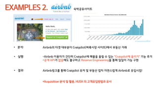 EXAMPLES 2. 숙박공유사이트
• 분석: Airbnb의 타겟 대부분이 Craigslist(벼룩시장 사이트)에서 부동산 거래
• 실행: -Airbnb 이용자가 간단히 Craigslist에 매물을 올릴 수 있는 “Craigslist에 올리기” 기능 추가
-공개 API가 없음에도 불구하고 Reserve Engineering을 통해 일일이 기능 구현
• 결과: Airbnb링크를 통해 Craigslist 유저 및 부동산 업자 자연스럽게 Airbnb로 유입시킴!
*Acquisition 분석 및 활용, HUSH 의 고객유입방법과 유사
 