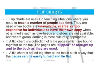 FLiP Charts
•  Flip charts are useful in teaching situations where you
need to teach a number of people at a time. They are
used when books are unavailable, scarce, or too
expensive for individuals to have their own copy when
other media such as overheads and slides are not available,
and where group learning is most culturally appropriate.
•  A flip chart is a collection of large pages which are bound
together at the top. The pages are “flipped” or brought up
and to the back as they are used.
•  A flip chart is bound together at the top in such a way that
the pages can be easily turned and lie flat.
5/20/2021 Dr. C. Beulah Jayarani 37
 