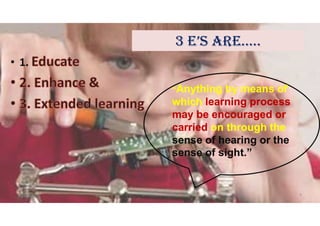 3 e’s are…..
• 1.
“Anything by means of
which learning process
may be encouraged or
carried on through the
sense of hearing or the
sense of sight.”
“Anything by means of
which learning process
may be encouraged or
carried on through the
sense of hearing or the
sense of sight.”
5/20/2021 Dr. C. Beulah Jayarani 9
 