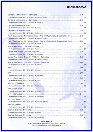 KNOWLEDGE360

Optical Networking - Services .......................................................... 24
 Market Outlook 2010 To 2014, United States ....................................................... 24
Optical Networking - Services .......................................................... 24
 Market Outlook 2010 To 2014, World ................................................................. 24
Unified Communications ................................................................... 25
 Market Outlook 2010 To 2014, Asia .................................................................... 25
Unified Communications ................................................................... 25
 Market Outlook 2010 To 2014, Germany .............................................................. 25
Next Generation Networks (Ngn) And Ip Multimedia Subsystem (Ims) .......... 26
 Market Outlook 2010 To 2014, United States ....................................................... 26
Next Generation Networks (Ngn) And Ip Multimedia Subsystem (Ims) .......... 26
 Market Outlook 2010 To 2014, World ................................................................. 26
Voice And Video Over Ip (V2Oip) ........................................................ 27
 Market Outlook 2010 To 2014, Asia .................................................................... 27
Voice And Video Over Ip (V2Oip) ........................................................ 27
 Market Outlook 2010 To 2014, Germany .............................................................. 27
Voice And Video Over Ip (V2Oip) - Services ......................................... 28
 Market Outlook 2010 To 2014, United States ....................................................... 28
Voice And Video Over Ip (V2Oip) - Services ......................................... 28
 Market Outlook 2010 To 2014, World ................................................................. 28
Iptv ............................................................................................. 29
 Market Outlook 2010 To 2014, Asia .................................................................... 29
Iptv ............................................................................................. 29
 Market Outlook 2010 To 2014, Germany .............................................................. 29
Iptv - Equipments ........................................................................... 30
 Market Outlook 2010 To 2014, Asia .................................................................... 30
Iptv - Equipments ........................................................................... 30
 Market Outlook 2010 To 2014, World ................................................................. 30
Iptv - Services .............................................................................. 31
 Market Outlook 2010 To 2014, Asia .................................................................... 31
Iptv - Services .............................................................................. 31
 Market Outlook 2010 To 2014, Germany .............................................................. 31
Iptv - Content................................................................................ 32
 Market Outlook 2010 To 2014, United States ....................................................... 32
Iptv - Content................................................................................ 32
 Market Outlook 2010 To 2014, World ................................................................. 32
Digital Signage Systems .................................................................. 33
 Market Outlook 2010 To 2014, Asia .................................................................... 33
Digital Signage Systems .................................................................. 33
 Market Outlook 2010 To 2014, Germany .............................................................. 33

                                             www.k360.in
                           # 203, Anchor Mall, Ajmer Road, Jaipur, India - 302006
                                Call: +91-9898269489 Email: info@k360.in
 