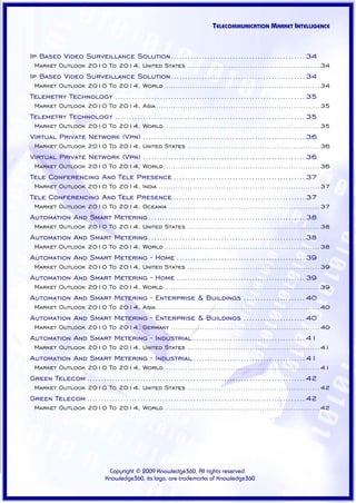 TELECOMMUNICATION MARKET INTELLIGENCE



Ip Based Video Surveillance Solution ................................................ 34
 Market Outlook 2010 To 2014, United States ....................................................... 34
Ip Based Video Surveillance Solution ................................................ 34
 Market Outlook 2010 To 2014, World ................................................................. 34
Telemetry Technology .................................................................... 35
 Market Outlook 2010 To 2014, Asia .................................................................... 35
Telemetry Technology .................................................................... 35
 Market Outlook 2010 To 2014, World ................................................................. 35
Virtual Private Network (Vpn) .......................................................... 36
 Market Outlook 2010 To 2014, United States ....................................................... 36
Virtual Private Network (Vpn) .......................................................... 36
 Market Outlook 2010 To 2014, World ................................................................. 36
Tele Conferencing And Tele Presence ............................................... 37
 Market Outlook 2010 To 2014, India ................................................................... 37
Tele Conferencing And Tele Presence ............................................... 37
 Market Outlook 2010 To 2014, Oceania ............................................................... 37
Automation And Smart Metering ........................................................ 38
 Market Outlook 2010 To 2014, United States ....................................................... 38
Automation And Smart Metering ........................................................ 38
 Market Outlook 2010 To 2014, World ................................................................. 38
Automation And Smart Metering - Home .............................................. 39
 Market Outlook 2010 To 2014, United States ....................................................... 39
Automation And Smart Metering - Home .............................................. 39
 Market Outlook 2010 To 2014, World ................................................................. 39
Automation And Smart Metering - Enterprise & Buildings ...................... 40
 Market Outlook 2010 To 2014, Asia .................................................................... 40
Automation And Smart Metering - Enterprise & Buildings ...................... 40
 Market Outlook 2010 To 2014, Germany .............................................................. 40
Automation And Smart Metering - Industrial ........................................ 41
 Market Outlook 2010 To 2014, United States ....................................................... 41
Automation And Smart Metering - Industrial ........................................ 41
 Market Outlook 2010 To 2014, World ................................................................. 41
Green Telecom .............................................................................. 42
 Market Outlook 2010 To 2014, United States ....................................................... 42
Green Telecom .............................................................................. 42
 Market Outlook 2010 To 2014, World ................................................................. 42




                           Copyright © 2009 Knowledge360, All rights reserved.
                          Knowledge360, its logo, are trademarks of Knowledge360
 