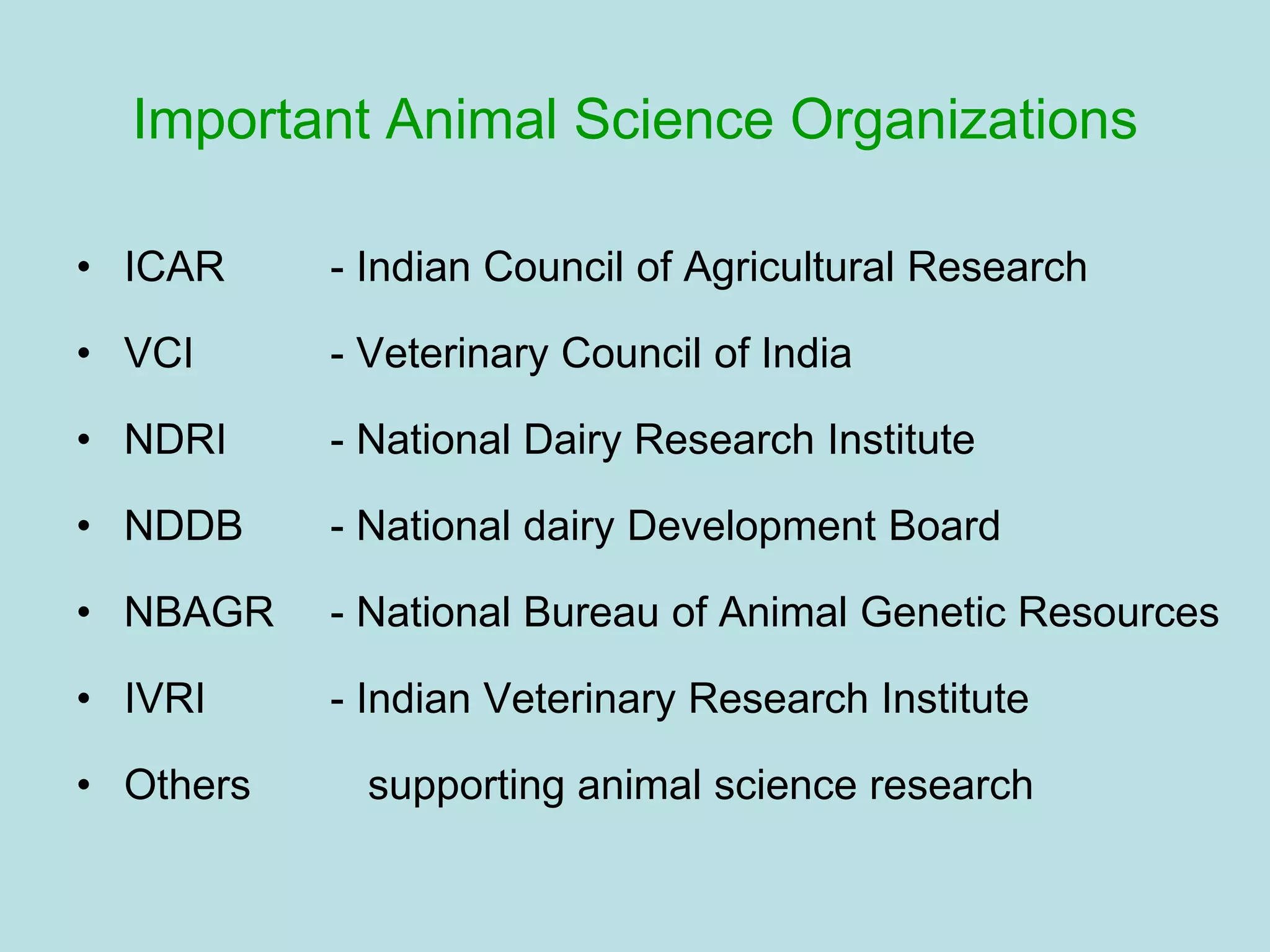 Important Animal Science Organizations
• ICAR - Indian Council of Agricultural Research
• VCI - Veterinary Council of India
• NDRI - National Dairy Research Institute
• NDDB - National dairy Development Board
• NBAGR - National Bureau of Animal Genetic Resources
• IVRI - Indian Veterinary Research Institute
• Others supporting animal science research
 