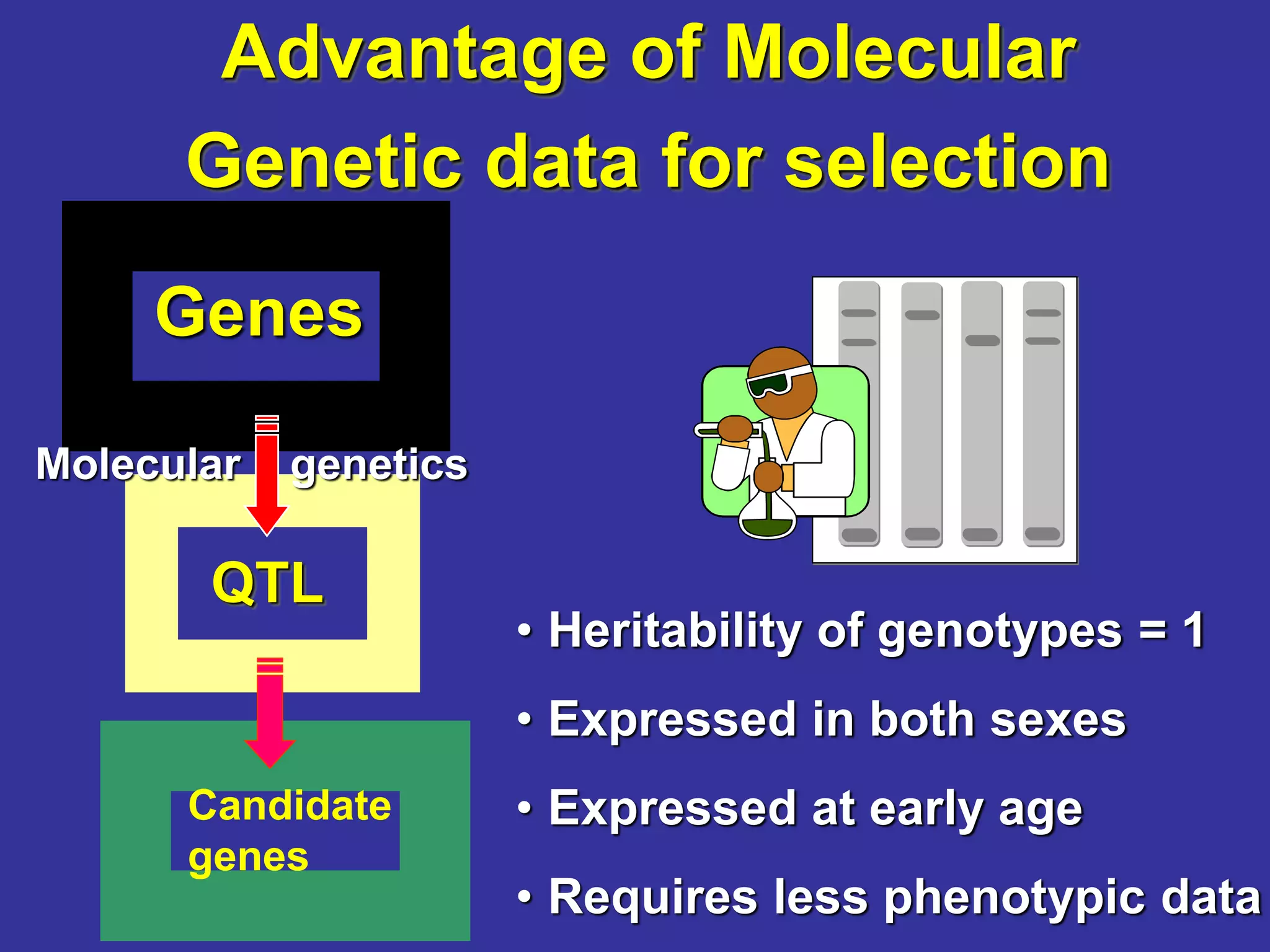 Genes
Advantage of Molecular
Genetic data for selection
Molecular genetics
QTL
• Heritability of genotypes = 1
• Expressed in both sexes
• Expressed at early age
• Requires less phenotypic data
Candidate
genes
 