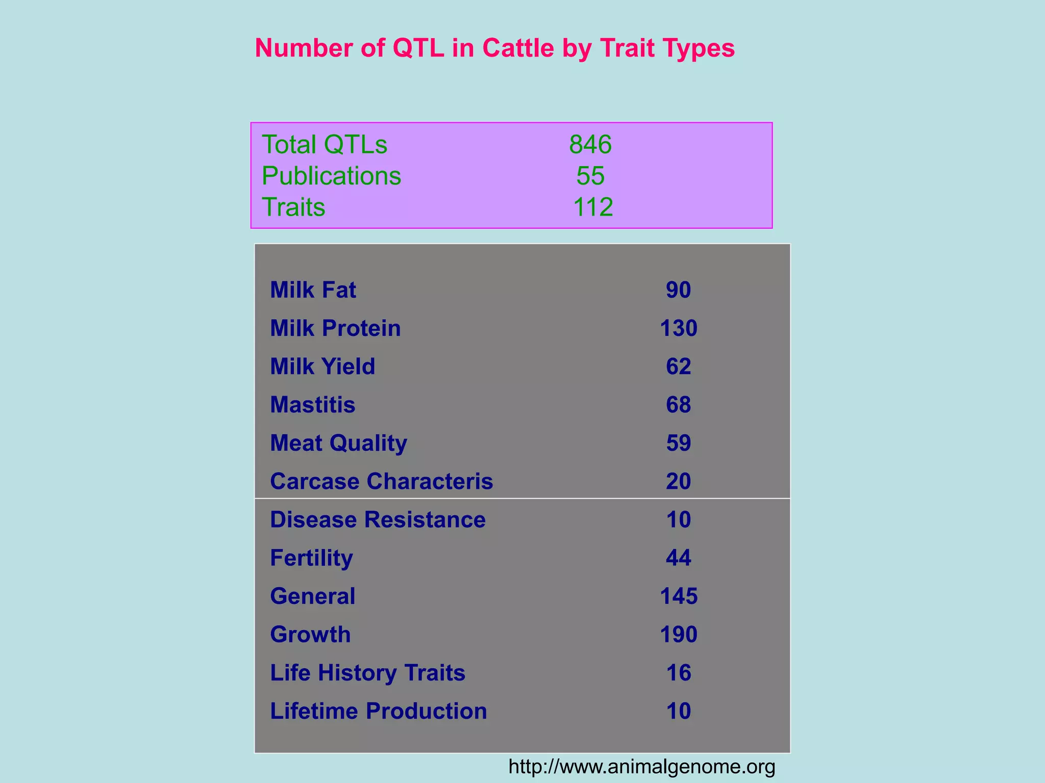 Number of QTL in Cattle by Trait Types
Milk Fat 90
Milk Protein 130
Milk Yield 62
Mastitis 68
Meat Quality 59
Carcase Characteris 20
Disease Resistance 10
Fertility 44
General 145
Growth 190
Life History Traits 16
Lifetime Production 10
http://www.animalgenome.org
Total QTLs 846
Publications 55
Traits 112
 