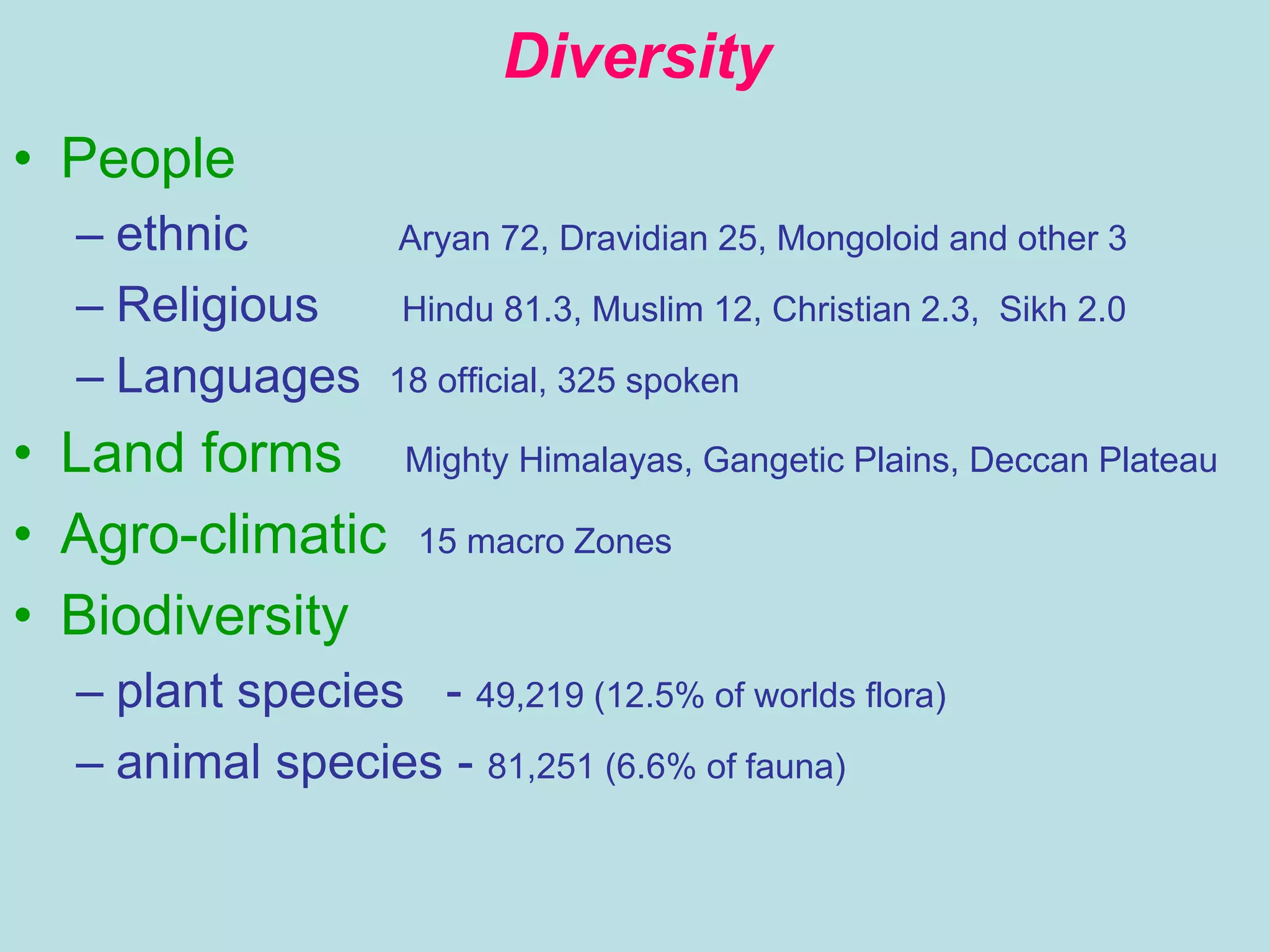 Diversity
• People
– ethnic Aryan 72, Dravidian 25, Mongoloid and other 3
– Religious Hindu 81.3, Muslim 12, Christian 2.3, Sikh 2.0
– Languages 18 official, 325 spoken
• Land forms Mighty Himalayas, Gangetic Plains, Deccan Plateau
• Agro-climatic 15 macro Zones
• Biodiversity
– plant species - 49,219 (12.5% of worlds flora)
– animal species - 81,251 (6.6% of fauna)
 