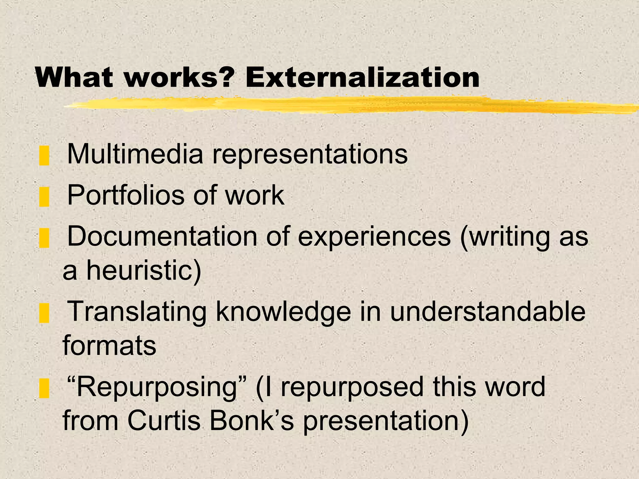 What works? Externalization Multimedia representations Portfolios of work Documentation of experiences (writing as a heuristic) Translating knowledge in understandable formats “ Repurposing” (I repurposed this word  from Curtis Bonk’s presentation)  