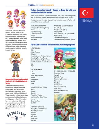 TOTAL LICENSING NEW EUROPE
63
and Friends and Louie, Metropol
Lisans is also the owner of the
CAN brand. Metropol Lisans has all
merchandising and licensing rights
for CAN worlwide and will be ready
to distribute license rights in early
2014.Yumurcak Dunyasi, which is the
marketing and distribution company
of Dunya Group, will be the master
toys licensee and publisher of CAN
brand in Turkey.
Donmezler Lisans has launched
the first U.S. Polo ASSN bags in
Turkey
The pioneer manufacturer and
distributor of licensed stationery
products and bags has recently
launched the first products of the
season under U.S. Polo ASSN brand.
The product line includes laptop bags,
pencil cases, school bags, backpacks,
travel bags and trolleys. Donmezler
has a very wide range of licensed
products with well-known brands
such as Ben10, Smurfs, Pocoyo, Ice
Age, Caillou, Generator Rex and
Marie’s.
Türkiye
In the last 10 years, the Turkish animation has seen a very noticeable growth,
with an increasing number of animation studios each year in the country.
Here are some of the major players in local animation sector in Turkey and
some of their series produced:
ANIMATION COMPANY ANIMATED CARTOON SERIES
Samanyolu Broadcasting Group 	 Can (2013)
Animax 	 Keloglan,Anka (2011)
Kaynak Licensing 	 Niloya (2013)
Cordoba Animation 	 Nane Ile Limon, Cille (2008-2009)
Dusyeri 	 Pepee (2010)
Portakal Animasyon 	 Canim Kardesim (2013)
Mart Ajans 	 CatlakYumurtalar/Sizinkiler (2012)
Turkey Animation Industry Heads to Grow Up with new
local animated film series
1- TRT COCUK
Cille
Anka - Phoenix
Keloglan
Nane ile Limon - Mint and Lemon
Kostebekgiller- Mole Family
Canim Kardesim-My Dear Sister
Sizinkiler CatlakYumurtalar-Cracked
Eggs
Pepee
2-YUMURCAK TV
Can
Caillou
Tarcin ve Arkadaslari
Pocoyo
Marsupilami
Arthur
Louie
3- CARTOON NETWORK
Ben10
Redakai
Gormiti
Wow Wow Wubbzy
Star Wars:The Clone Wars
Smurfs
Generator Rex
Garfield
4- DISNEY CHANNEL
Mickey Mouse’s Clubhouse
Marvel Super Heroes
Avengers
Slugterra
Max Steel
Spider Man
Iron Man
5- MINIKA COCUK / MINIKA GO
Shaun the Sheep
Aysegul
My Little Pony
Strawberry Shortcake
Monsuno
Max Steel
Transformers
Thomas and Friends
Little Prince
Peter Pan’s Adventures
Beyblade
Top 5 Kids Channels and their most watched programs
 