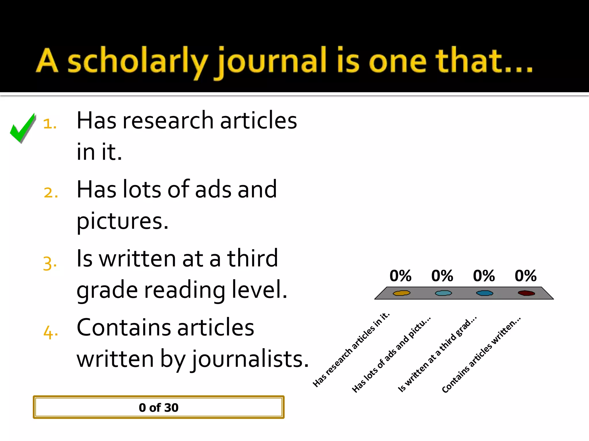 A scholarly journal is one that…Has research articles in it.Has lots of ads and pictures.Is written at a third grade reading level.Contains articles written by journalists.0 of 30