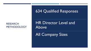 RESEARCH
METHODOLOGY
634 Qualified Responses
HR Director Level and
Above
All Company Sizes
 