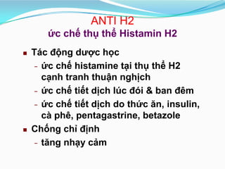 Tác động dược học
ức chế histamine tại thụ− thể H2
cạnh tranh thuận nghịch
ức chế tiết dịch lúc đói & ban đêm−
ức chế t...