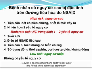 Bệnh nhân có nguy cơ cao bị độc tính
trên đường tiêu hóa do NSAID
High risk: nguy cơ cao
1. Tiền căn loét có biến chứng, n...