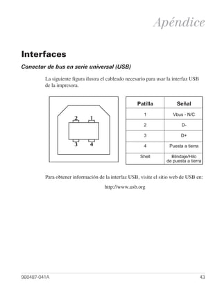 Apéndice

Interfaces
Conector de bus en serie universal (USB)

         La siguiente figura ilustra el cableado necesario para usar la interfaz USB
         de la impresora.


                                                     Patilla             Señal
                                                         1             Vbus - N/C
                       2      1
                                                         2                 D-

                                                         3                 D+

                       3      4                          4           Puesta a tierra

                                                       Shell          Blindaje/Hilo
                                                                    de puesta a tierra


         Para obtener información de la interfaz USB, visite el sitio web de USB en:
                                      http://www.usb.org




980487-041A                                                                            43
 