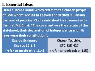 Israel a sacred name which refers to the chosen people
of God whom Moses has saved and settled in Canaan,
the land of promise. God established his covenant with
them at Mt. Sinai. “The covenant was the statute of their
statehood, their declaration of independence and His
laws were their constitution”.
Sacred Scripture
Exodus 19:1-8
(refer to textbook p. 114)
Church Teaching
CFC 425-427
(refer to textbook p. 115)
I. Essential Ideas
 