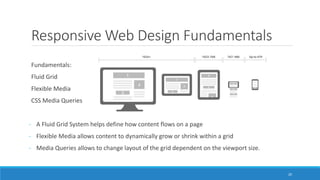 Responsive Web Design Fundamentals
Fundamentals:
Fluid Grid
Flexible Media
CSS Media Queries
- A Fluid Grid System helps define how content flows on a page
- Flexible Media allows content to dynamically grow or shrink within a grid
- Media Queries allows to change layout of the grid dependent on the viewport size.
20
 