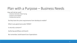 Plan with a Purpose – Business Needs
How will site be used?
◦ Intranet, Extranet, Public Facing
◦ Content consumption
◦ Collaboration portal
Do they have the same requirements from desktop to mobile?
What is you governance plan? BYOD?
Is security a concern?
Authoring workflows and Search
But remember, build toward User Expectations
26
 